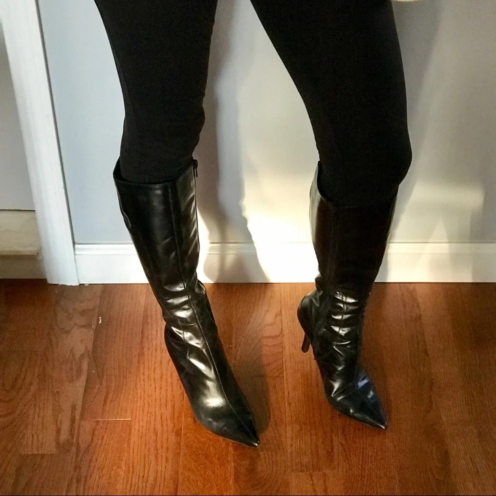 NINE WEST Pointy Black Leather Boots, Size 6.5 - Picture 1 of 6